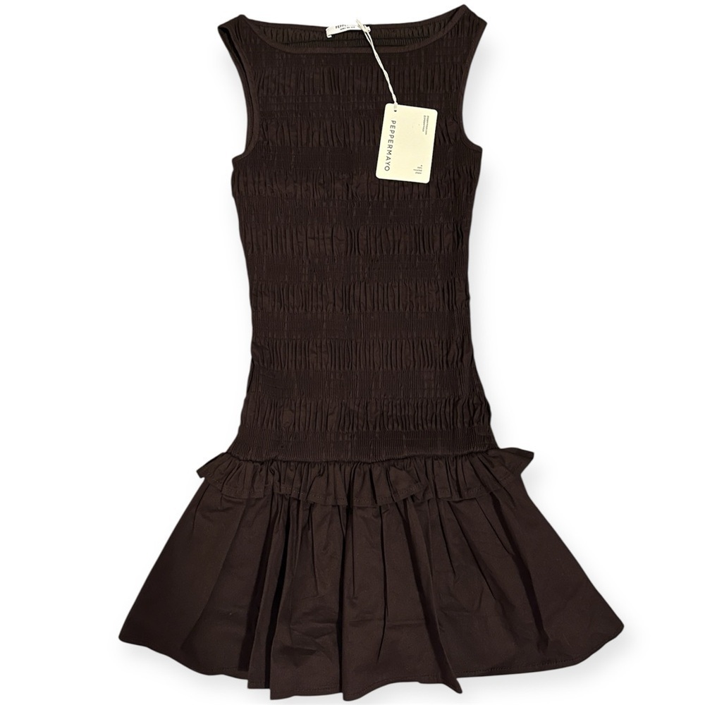 Peppermayo Brown Shirred Mini Dress Drop Waist Size 0 - Picture 4 of 8